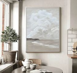 天空白色云海和海滩抽象画白色云画在画布上为天空白色云质画海洋画
